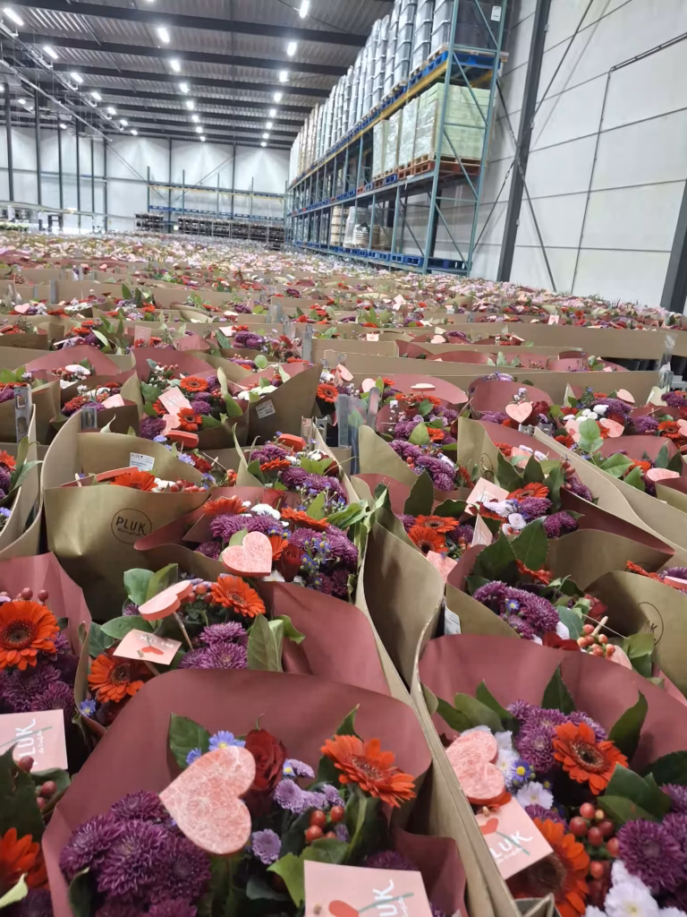 Hundreds of colourful Mother's Day flower bouquets prepared for distribution in a large warehouse